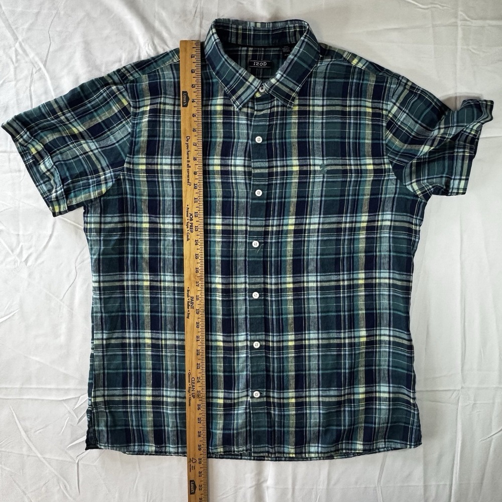 Izod Shirt Men's Size XL Linen‎ Blend Short Sleeve Collar Blue Plaid - Picture 6 of 12